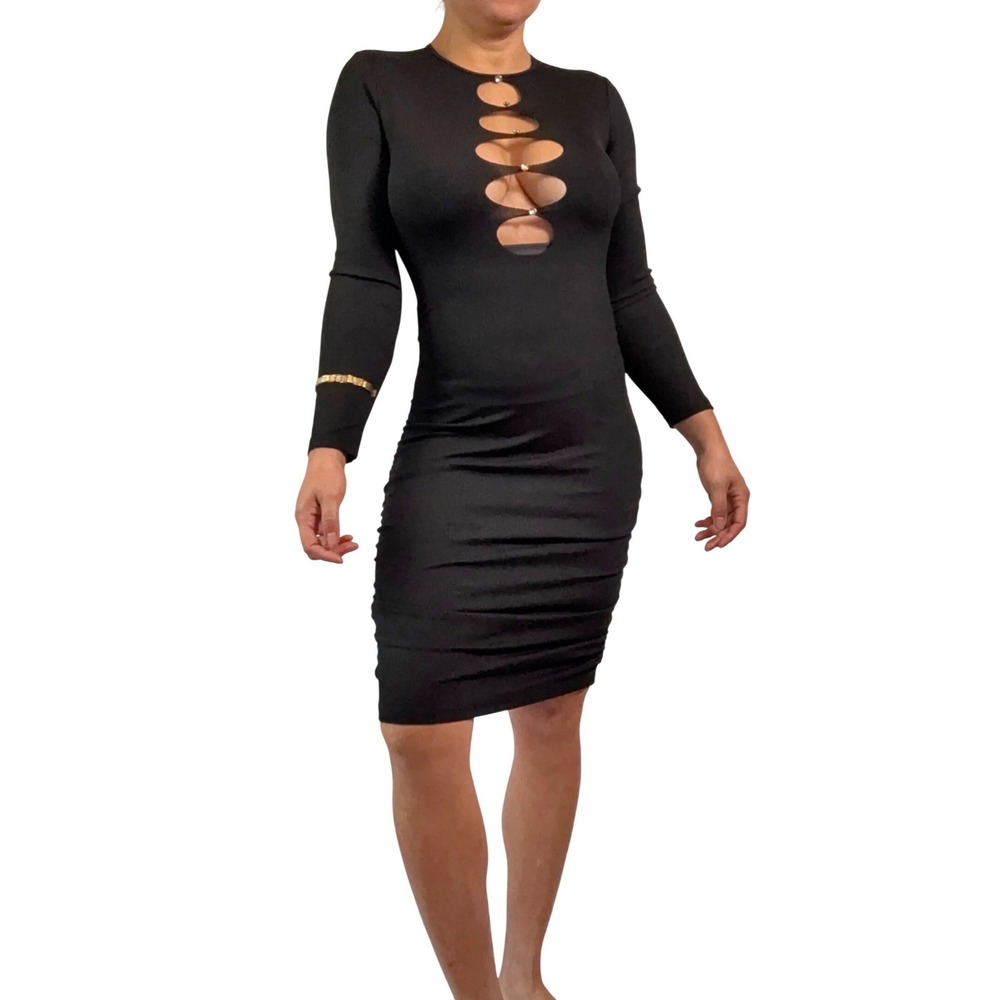 Ribbed Cutout Ring Detail Long Sleeve Bodycon‎ Midi Dress Women's Size M